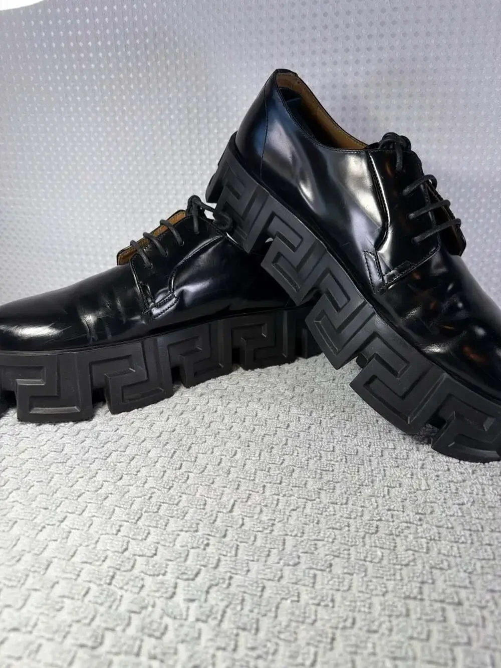Versace Greca Labyrinth Leather Derby Platform Shoes
